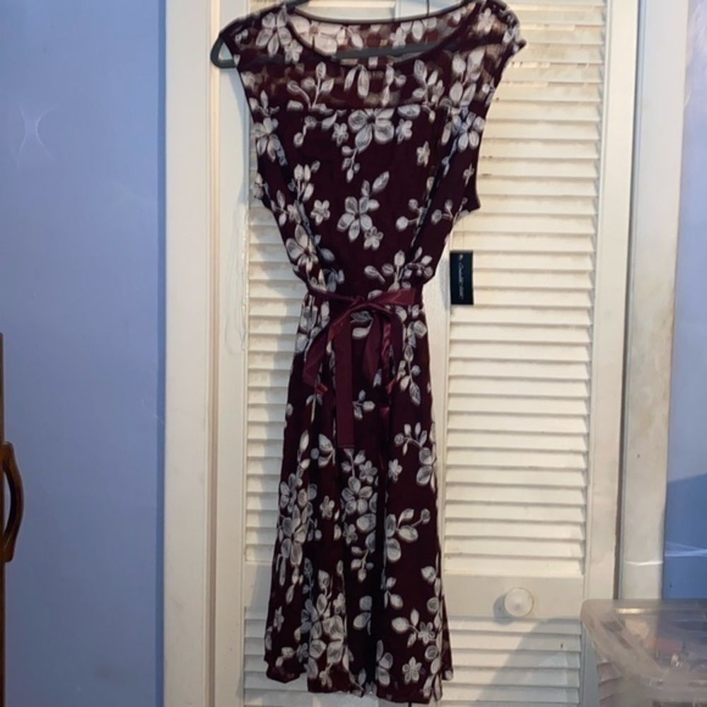 Candalite Floral Dress with Sheer Overlay and Sash Belt - Picture 1 of 5